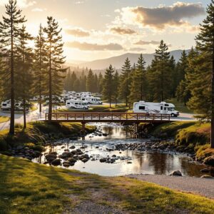 Modern RVs parked at a spacious forest campground with a new wooden bridge over a creek, surrounded by pine trees and soft golden sunlight.