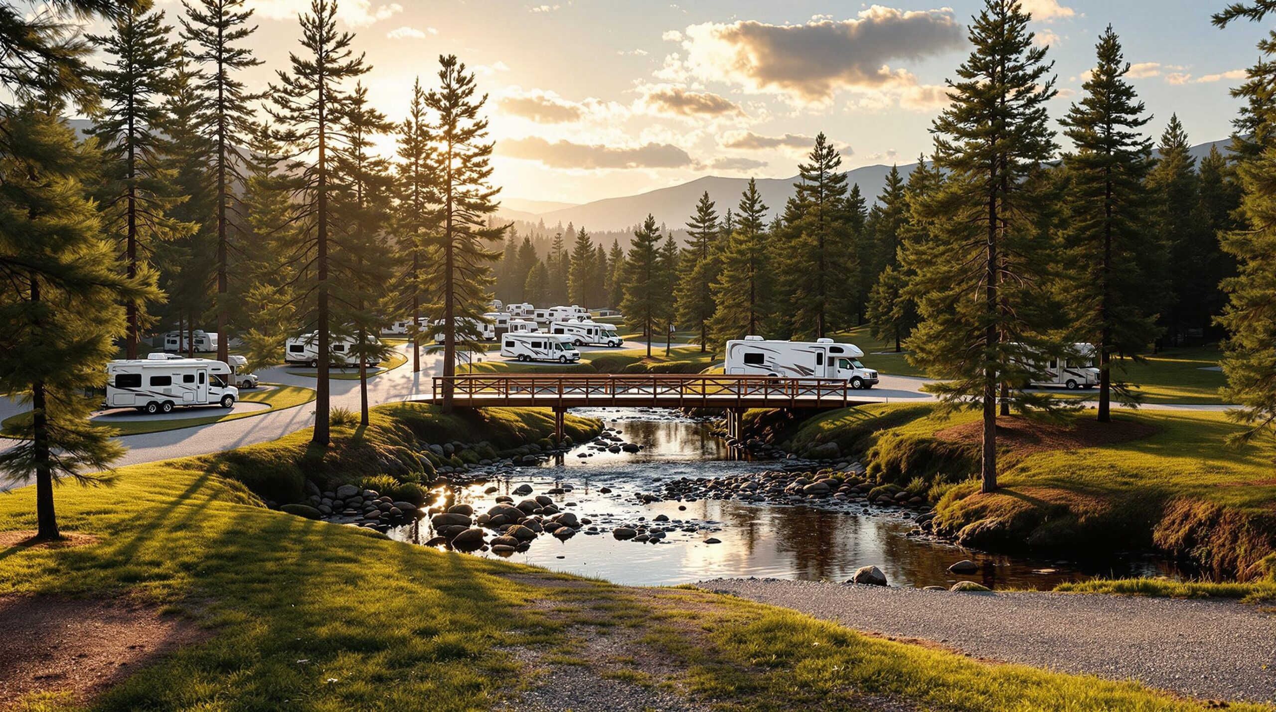 Modern RVs parked at a spacious forest campground with a new wooden bridge over a creek, surrounded by pine trees and soft golden sunlight.