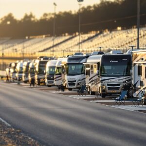 Modern RVs lined up on a racetrack infield campsite at sunrise, with chairs and grills set up outside, grandstands softly blurred in the background.