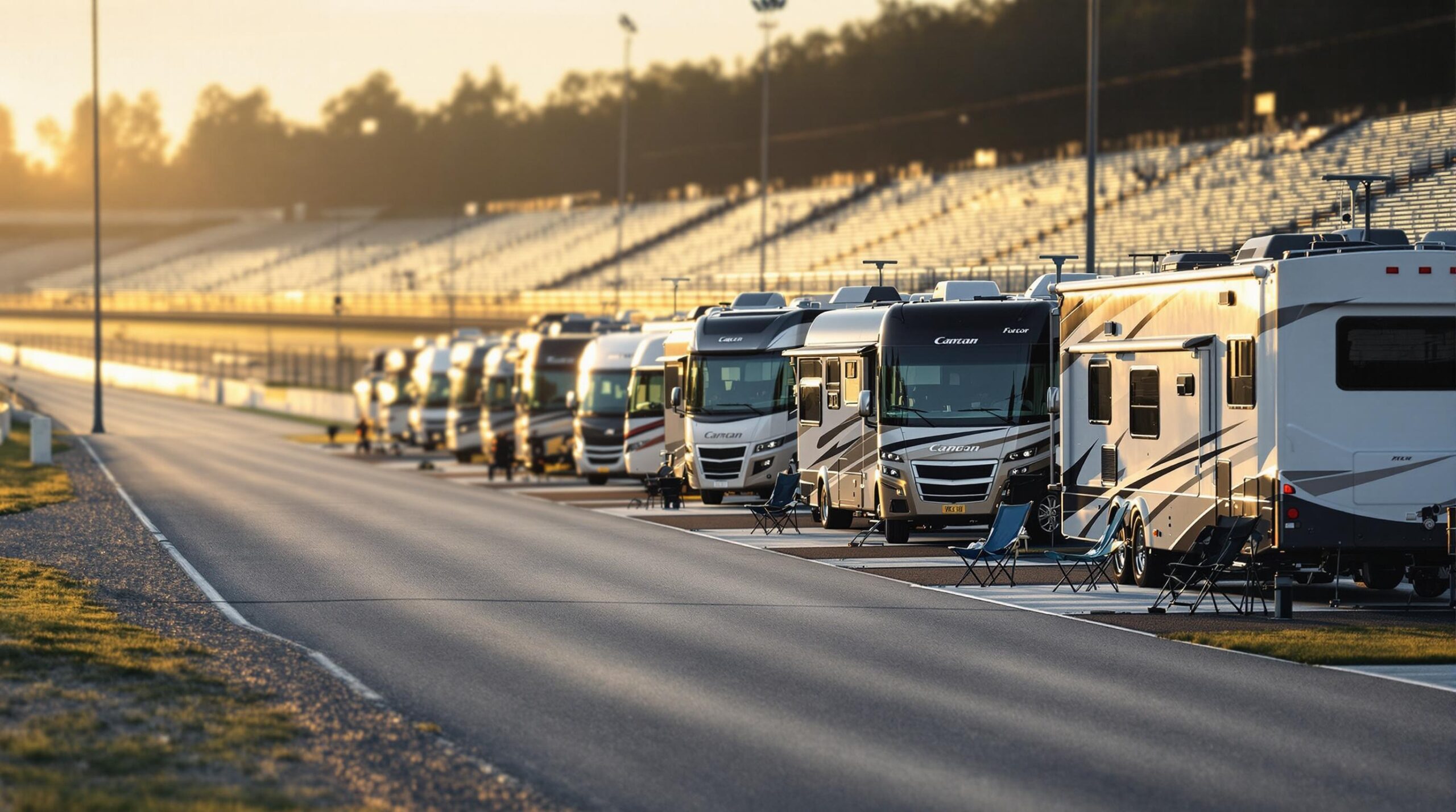 Modern RVs lined up on a racetrack infield campsite at sunrise, with chairs and grills set up outside, grandstands softly blurred in the background.
