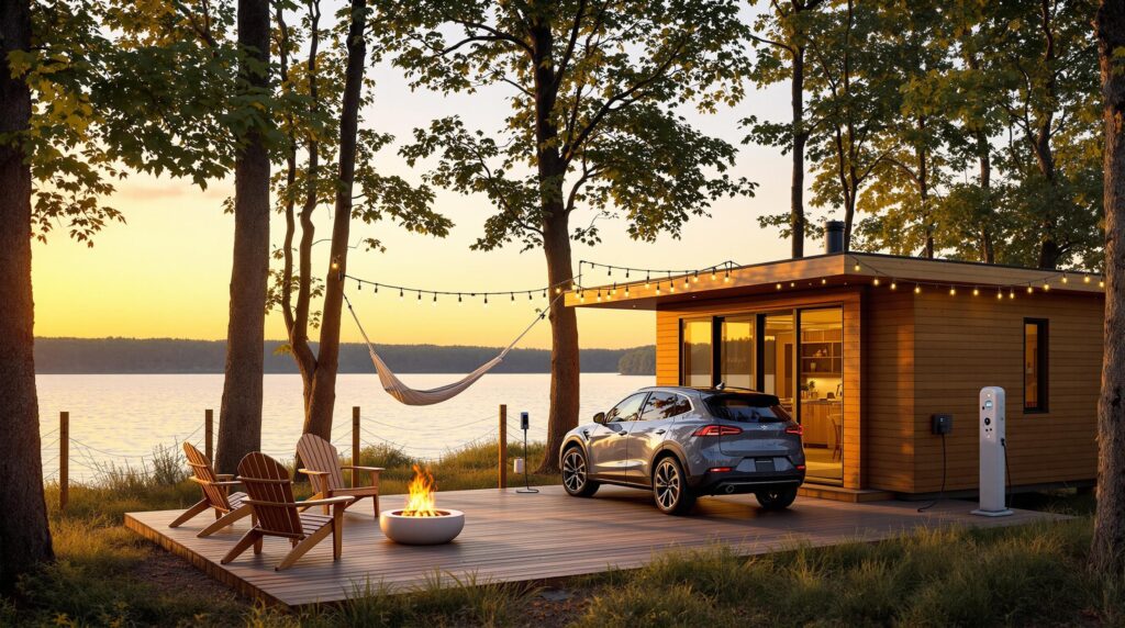 Modern glamping cabin with large windows and lakefront deck, Adirondack chairs around a fire pit, string lights, hammock, and electric SUV charger surrounded by trees at sunset