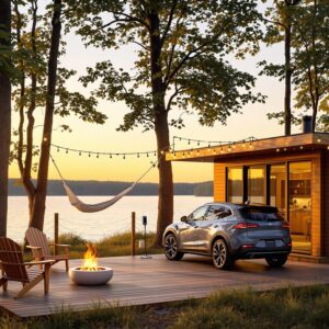 Modern glamping cabin with large windows and lakefront deck, Adirondack chairs around a fire pit, string lights, hammock, and electric SUV charger surrounded by trees at sunset
