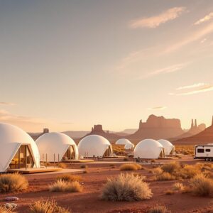 Cluster of modern white glamping domes and an upscale RV on a sunlit desert plateau with distant red rock mesas under a clear sky