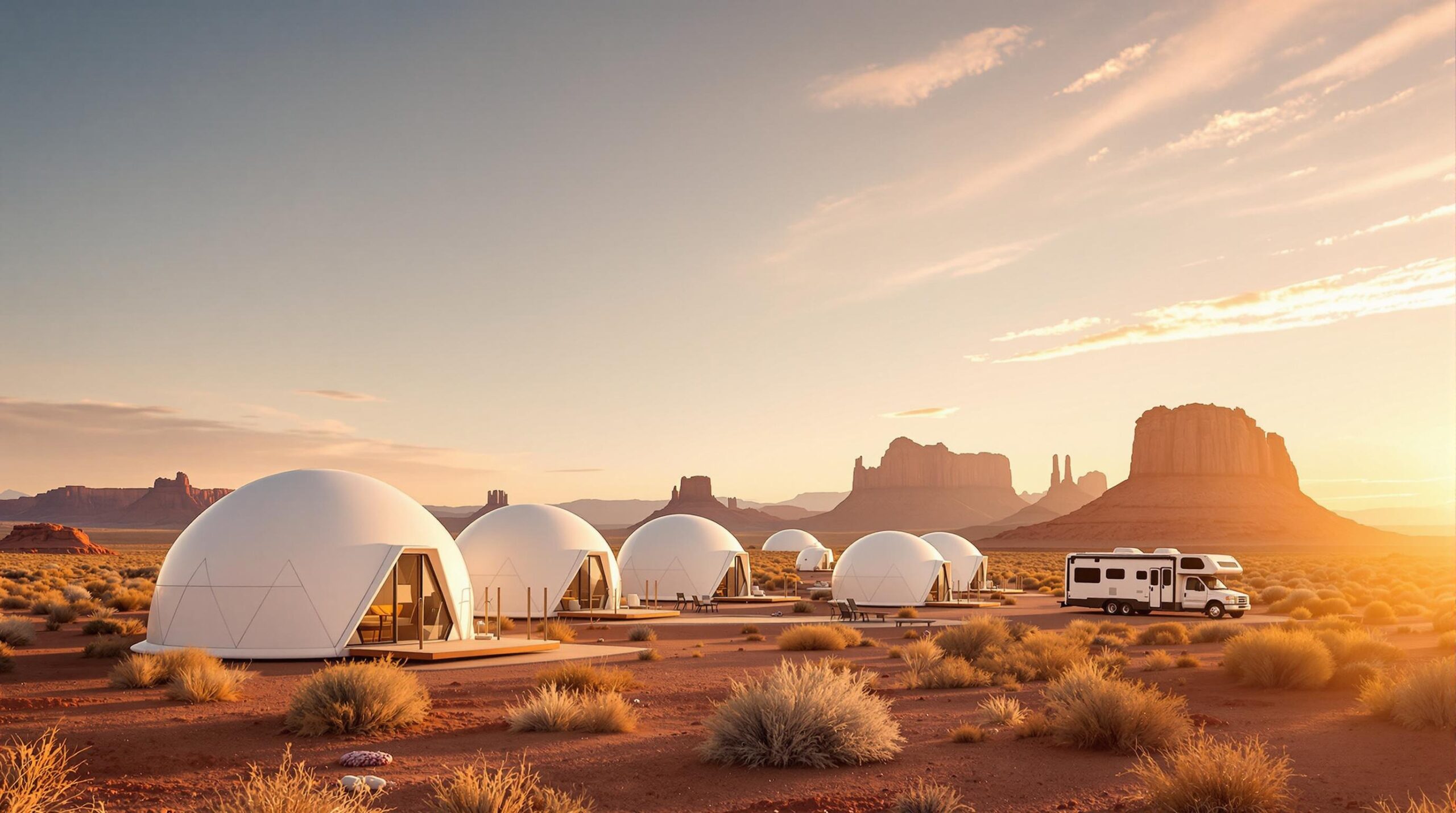 Cluster of modern white glamping domes and an upscale RV on a sunlit desert plateau with distant red rock mesas under a clear sky