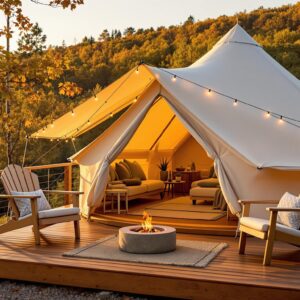 Luxury glamping tent with string lights and fire pit on a wooden deck, surrounded by autumn woods in soft golden-hour light