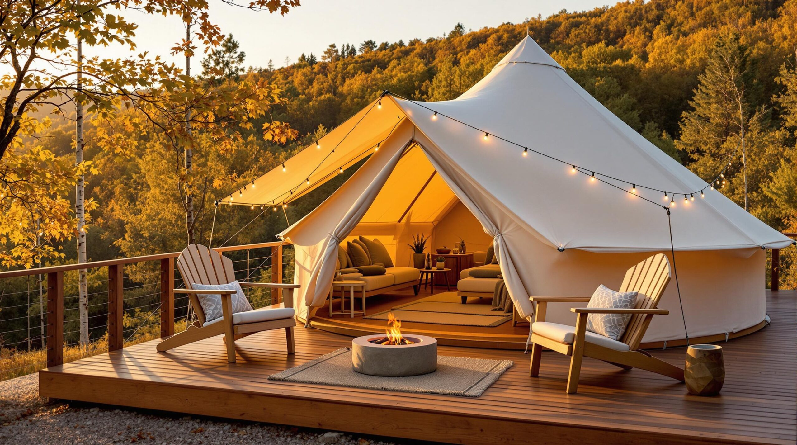 Luxury glamping tent with string lights and fire pit on a wooden deck, surrounded by autumn woods in soft golden-hour light