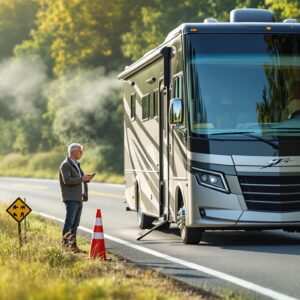 A luxury motorhome with its front panel open is parked on a roadside surrounded by greenery. A concerned middle-aged traveler stands beside the vehicle holding a smartphone, with an orange safety cone nearby, under soft late-afternoon light.