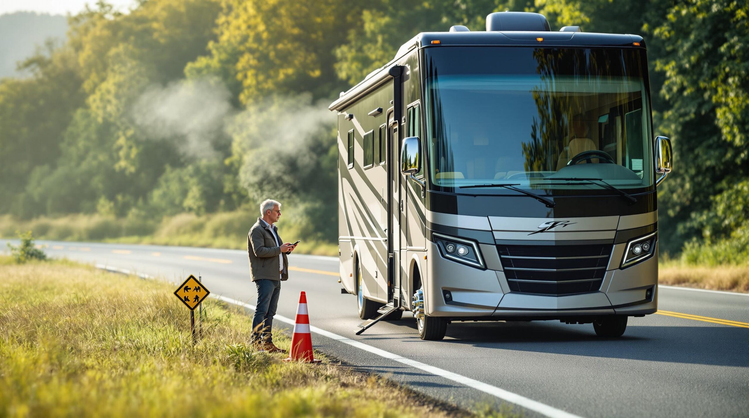 A luxury motorhome with its front panel open is parked on a roadside surrounded by greenery. A concerned middle-aged traveler stands beside the vehicle holding a smartphone, with an orange safety cone nearby, under soft late-afternoon light.