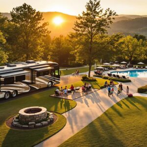 Luxury RV parked on spacious campsite with manicured lawn, fire pit, families relaxing in Adirondack chairs, children biking, and a pool area surrounded by lush trees at sunset