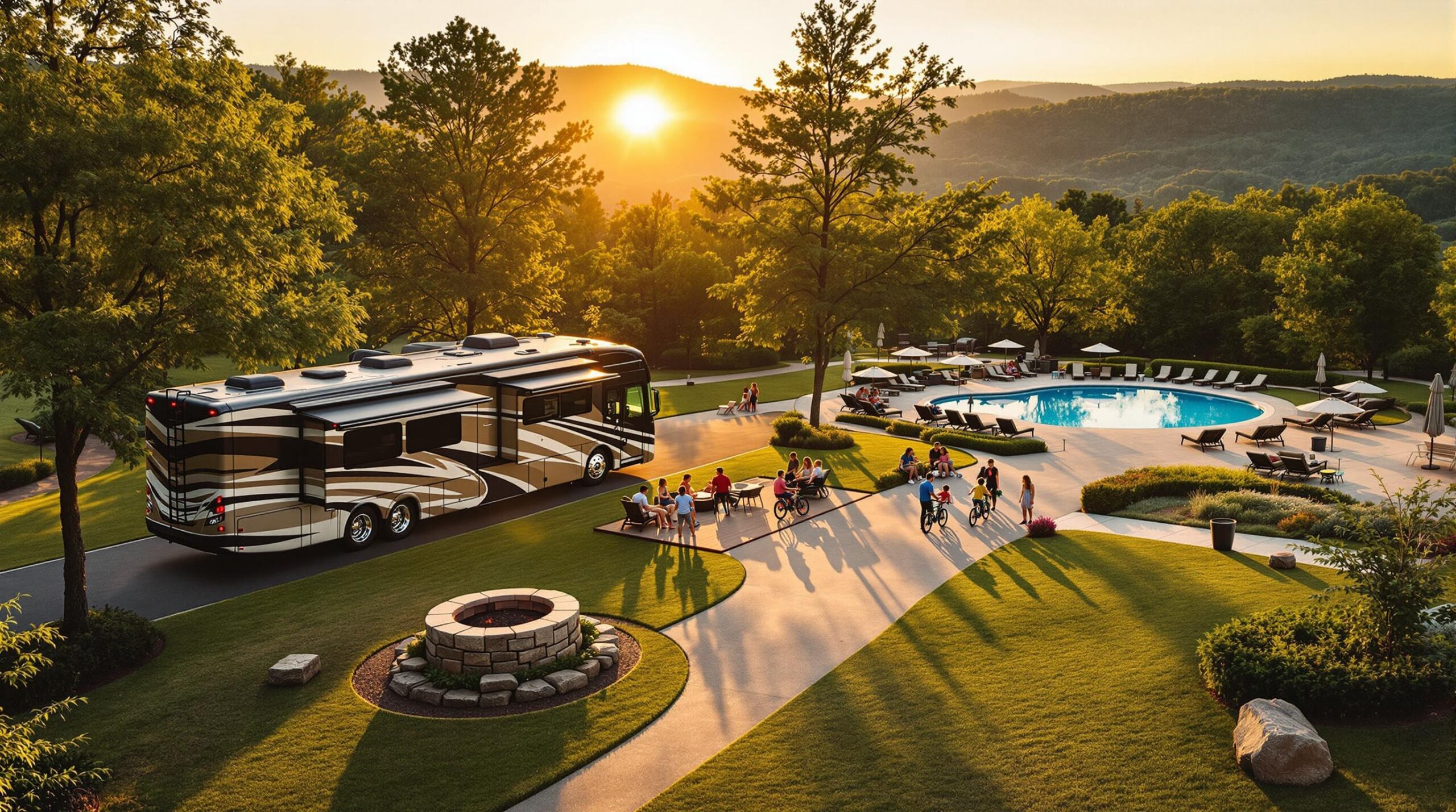 Luxury RV parked on spacious campsite with manicured lawn, fire pit, families relaxing in Adirondack chairs, children biking, and a pool area surrounded by lush trees at sunset