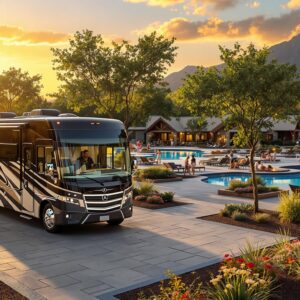 A modern luxury RV and landscaped campsite with a pool, fire pit, and glamping tents at sunset, families enjoying resort amenities in a generic setting.