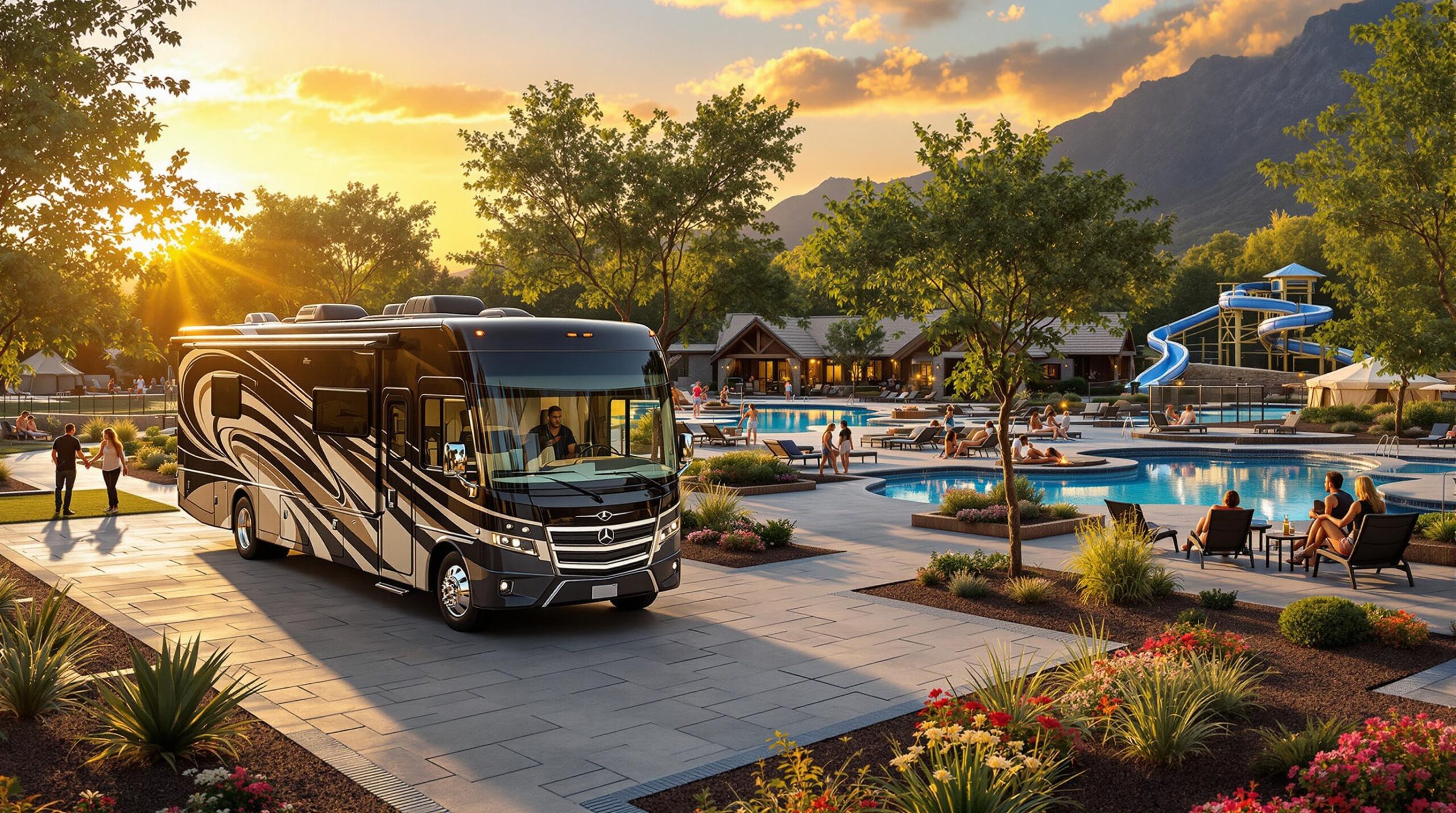 A modern luxury RV and landscaped campsite with a pool, fire pit, and glamping tents at sunset, families enjoying resort amenities in a generic setting.
