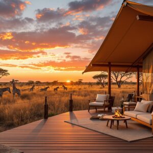 Luxury safari-style glamping tent with wooden deck at sunset, plush seating and fire pit in foreground, giraffes and zebras grazing on open grassland, acacia trees and colorful sky in background