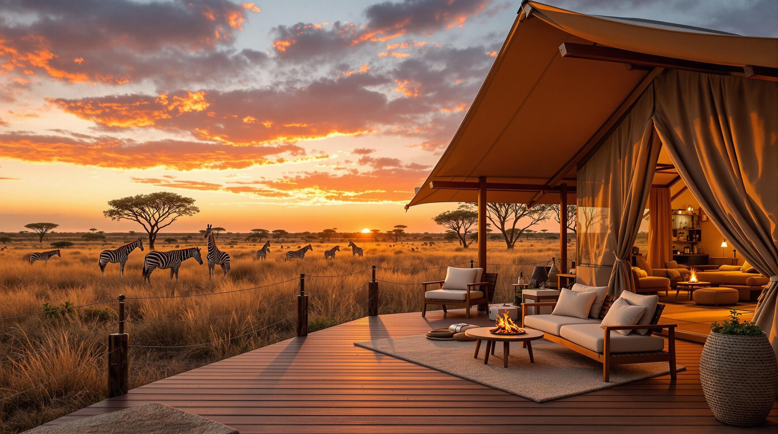 Luxury safari-style glamping tent with wooden deck at sunset, plush seating and fire pit in foreground, giraffes and zebras grazing on open grassland, acacia trees and colorful sky in background