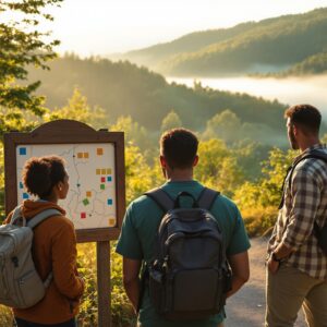 Three diverse hikers examining a park map board at a forest trailhead on a misty morning, surrounded by trees and soft sunlight.