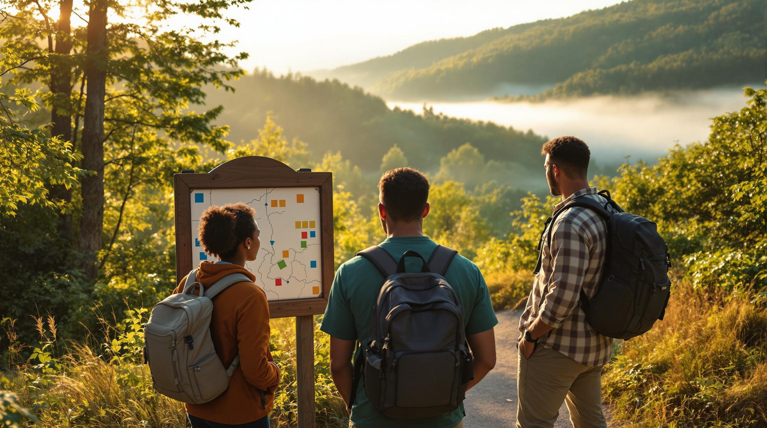 Three diverse hikers examining a park map board at a forest trailhead on a misty morning, surrounded by trees and soft sunlight.