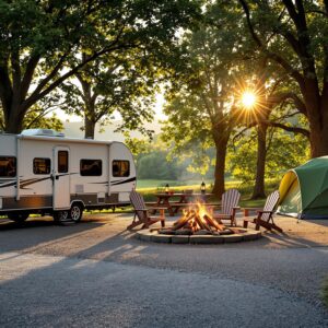 A peaceful campground at sunset with a travel trailer and green tent set up among tall trees, a small campfire surrounded by two Adirondack chairs, and a picnic table with firewood, all in a lush, wooded setting.