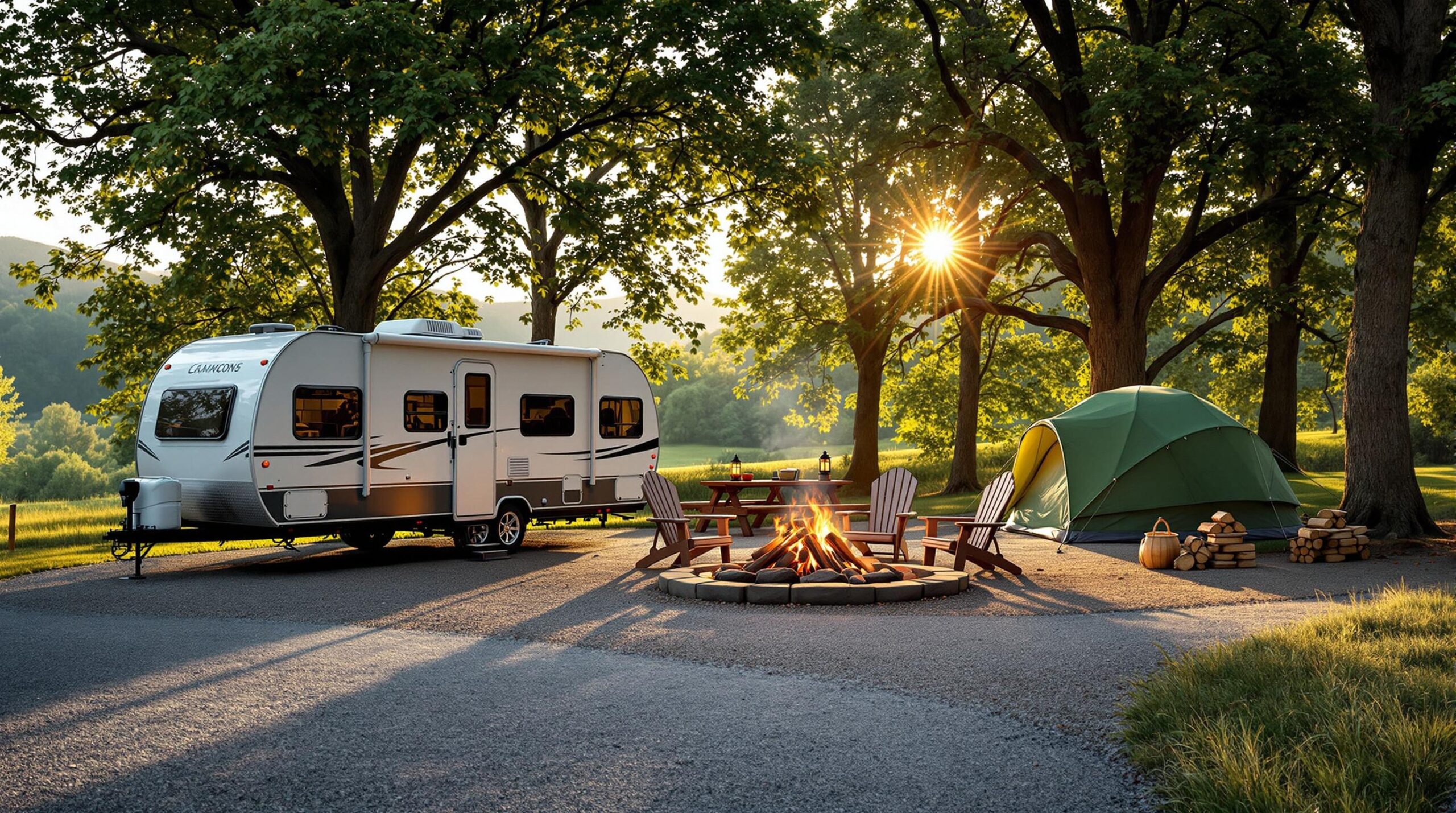 A peaceful campground at sunset with a travel trailer and green tent set up among tall trees, a small campfire surrounded by two Adirondack chairs, and a picnic table with firewood, all in a lush, wooded setting.