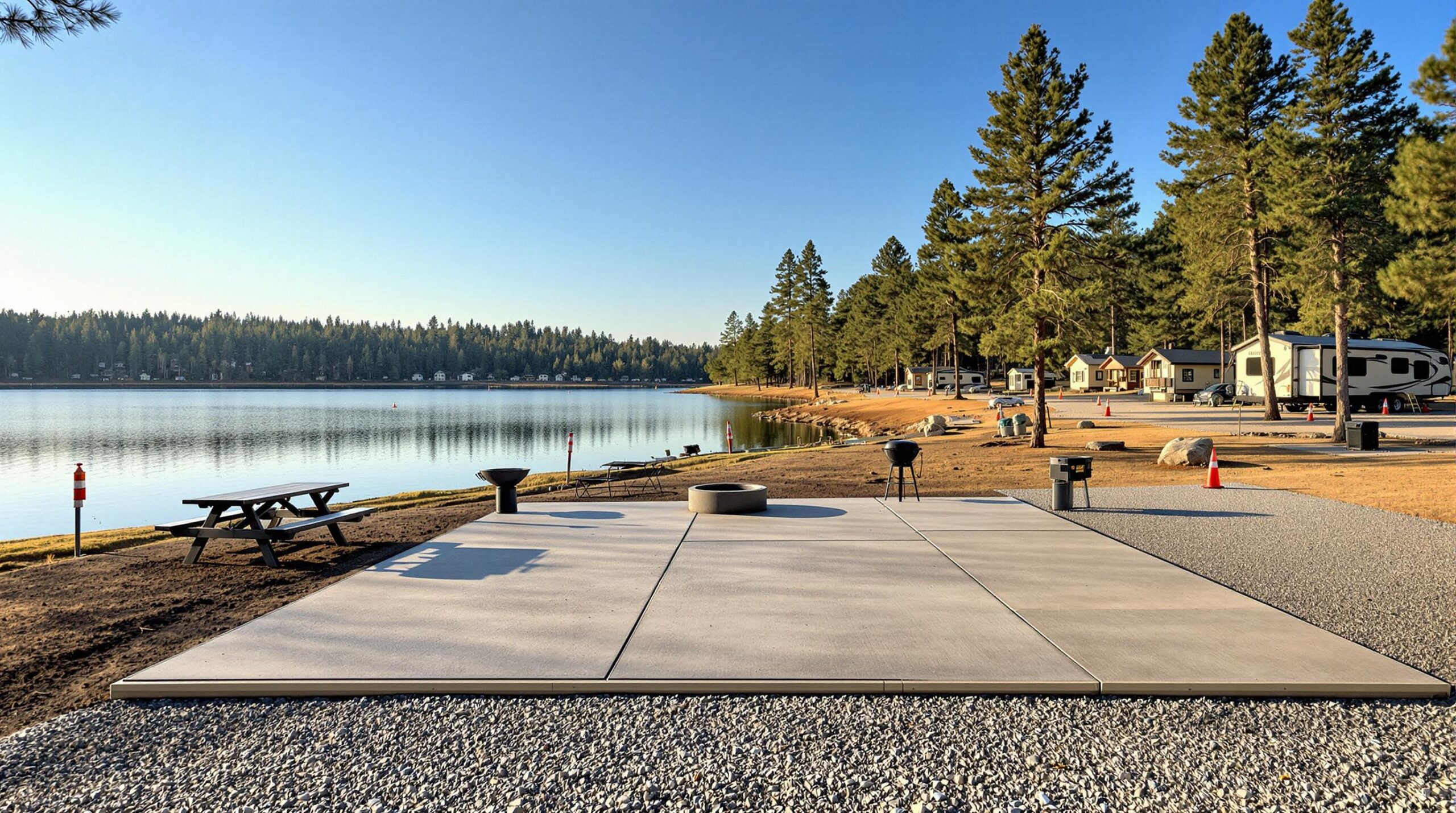 Renovated lakeside campground with new concrete RV pad, picnic table, fire ring, and grill overlooking a calm lake and pine trees, with cabins and subtle construction cones in the background under warm morning light