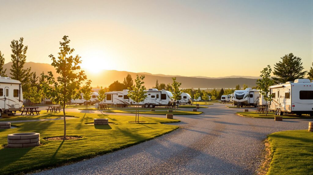 Row of modern RVs and travel trailers parked on gravel pads with green grass and young trees, picnic tables nearby, under warm golden hour sunlight in a generic campground setting.