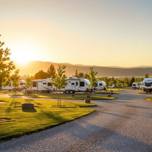 Row of modern RVs and travel trailers parked on gravel pads with green grass and young trees, picnic tables nearby, under warm golden hour sunlight in a generic campground setting.