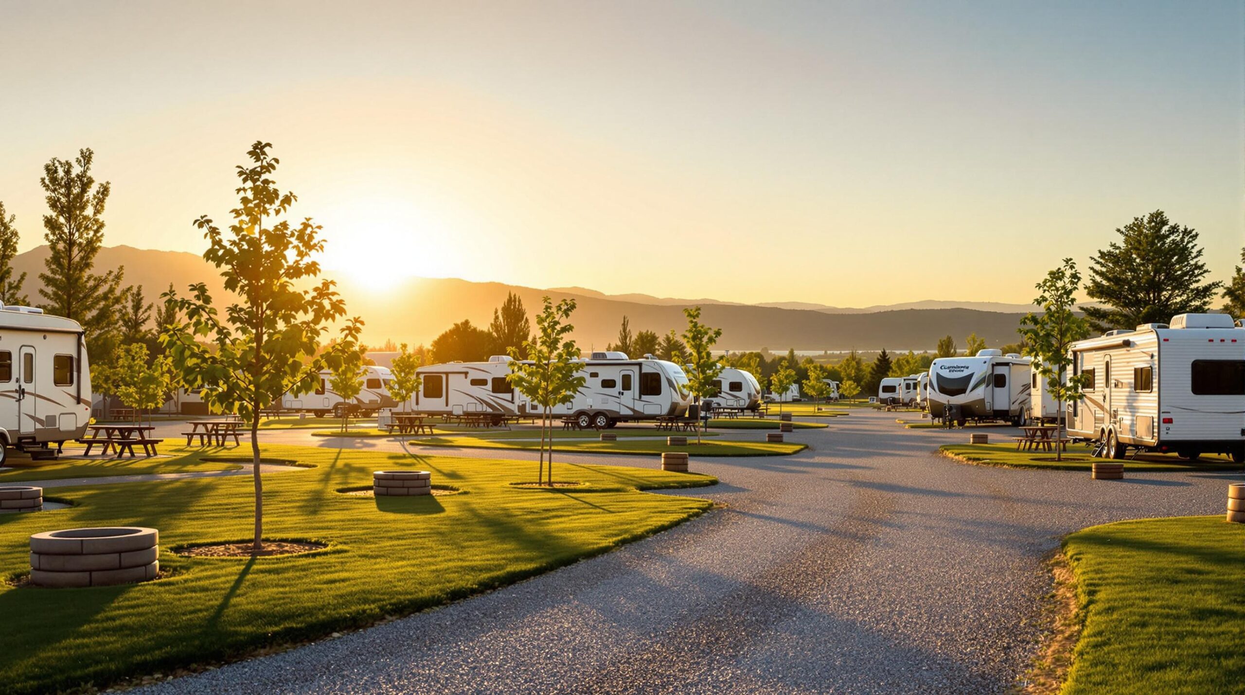 Row of modern RVs and travel trailers parked on gravel pads with green grass and young trees, picnic tables nearby, under warm golden hour sunlight in a generic campground setting.