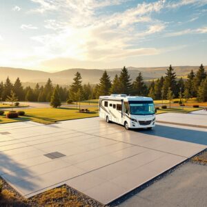 A large Class A motorhome parked on a new concrete RV pad at a modern campground, with empty pads and picnic tables nearby, surrounded by trimmed grass, young pine trees, and a natural, hilly landscape under a partly cloudy sky.