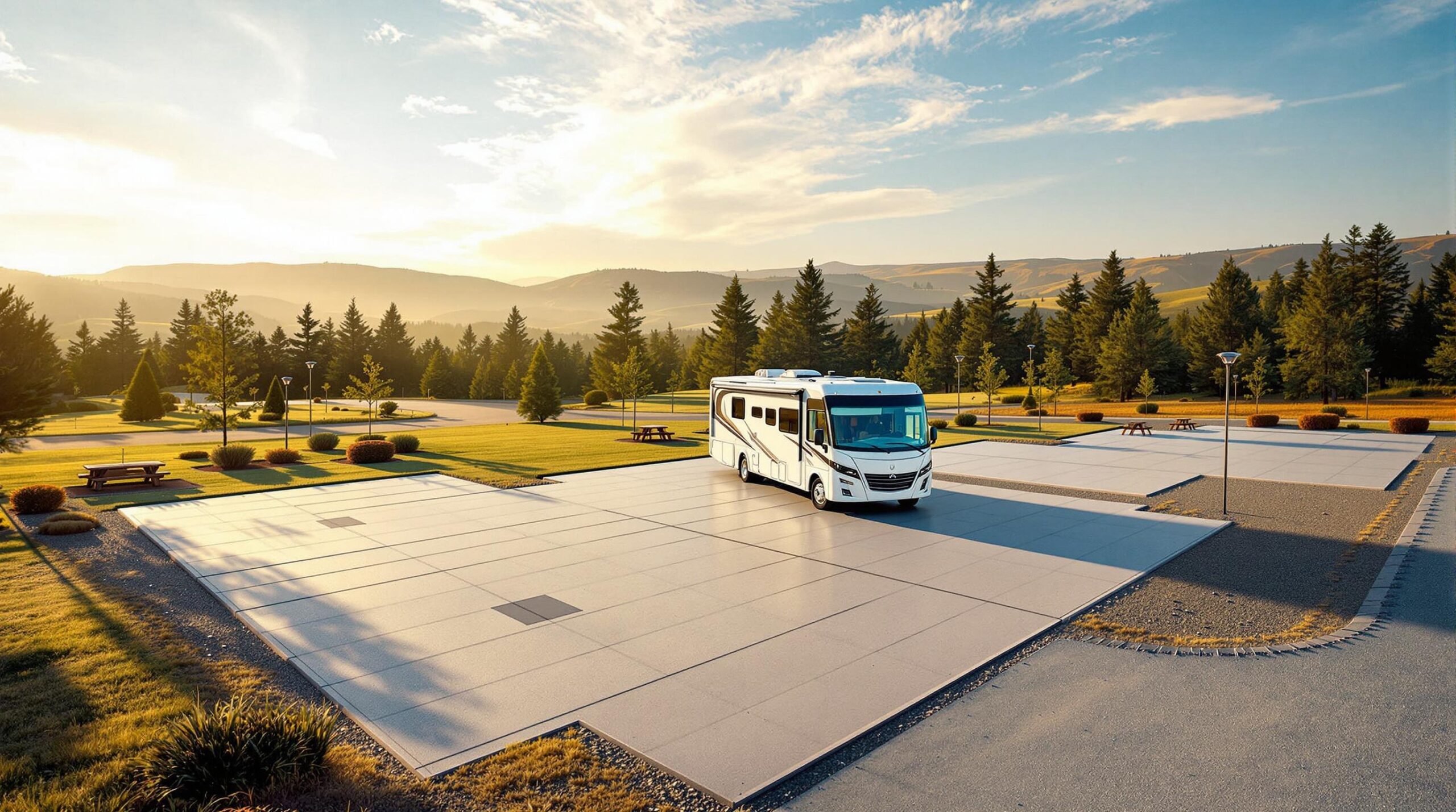 A large Class A motorhome parked on a new concrete RV pad at a modern campground, with empty pads and picnic tables nearby, surrounded by trimmed grass, young pine trees, and a natural, hilly landscape under a partly cloudy sky.