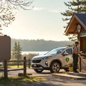 A park ranger hands a brochure to a driver at a small wooden entrance kiosk, with an SUV stopped at the window and a forested lake in the background on a sunny day.