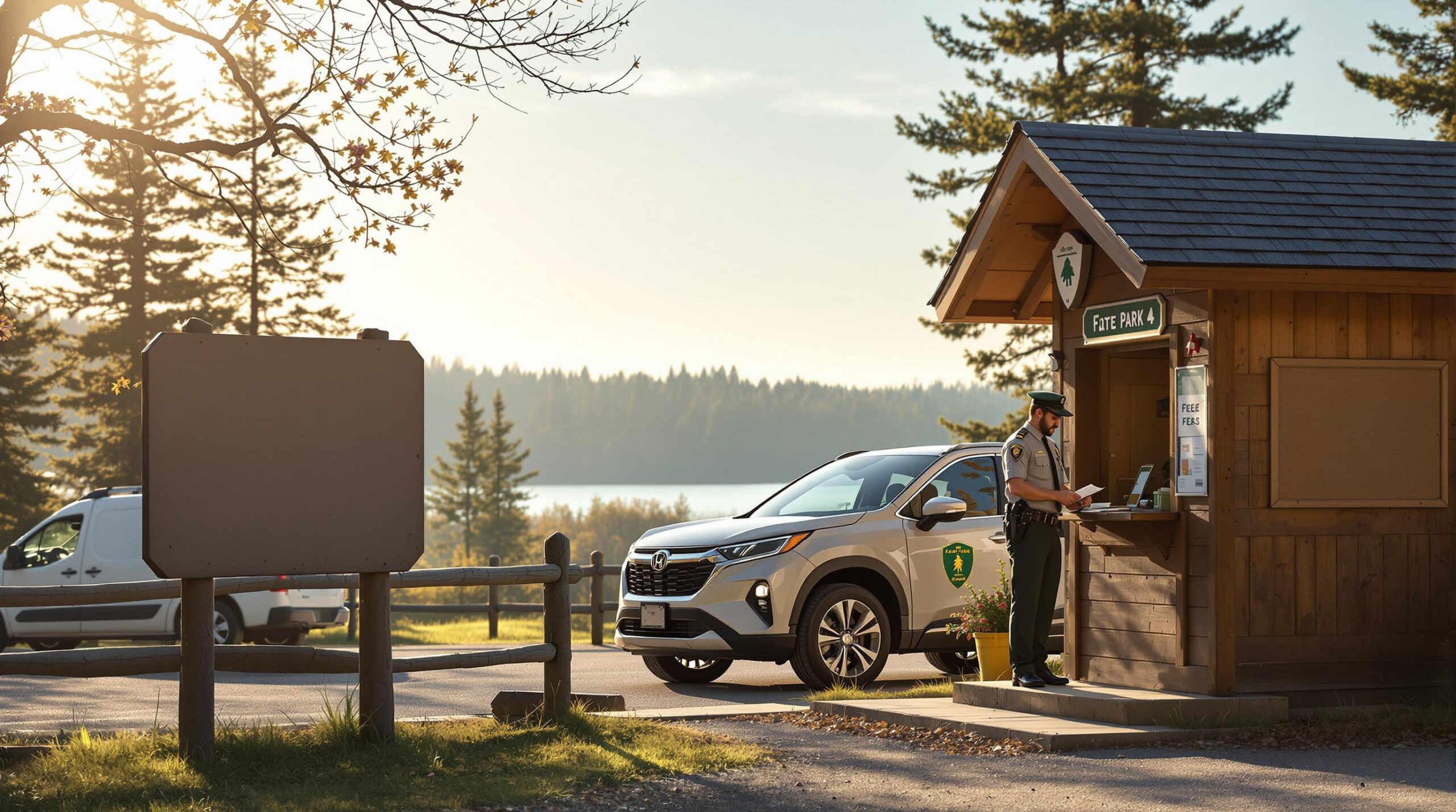 A park ranger hands a brochure to a driver at a small wooden entrance kiosk, with an SUV stopped at the window and a forested lake in the background on a sunny day.
