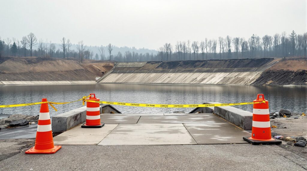 Orange traffic cones and yellow barrier tape block a boat ramp near a damaged dam with an erosion hole, scorched trees, and lingering smoke in the background by a lake.