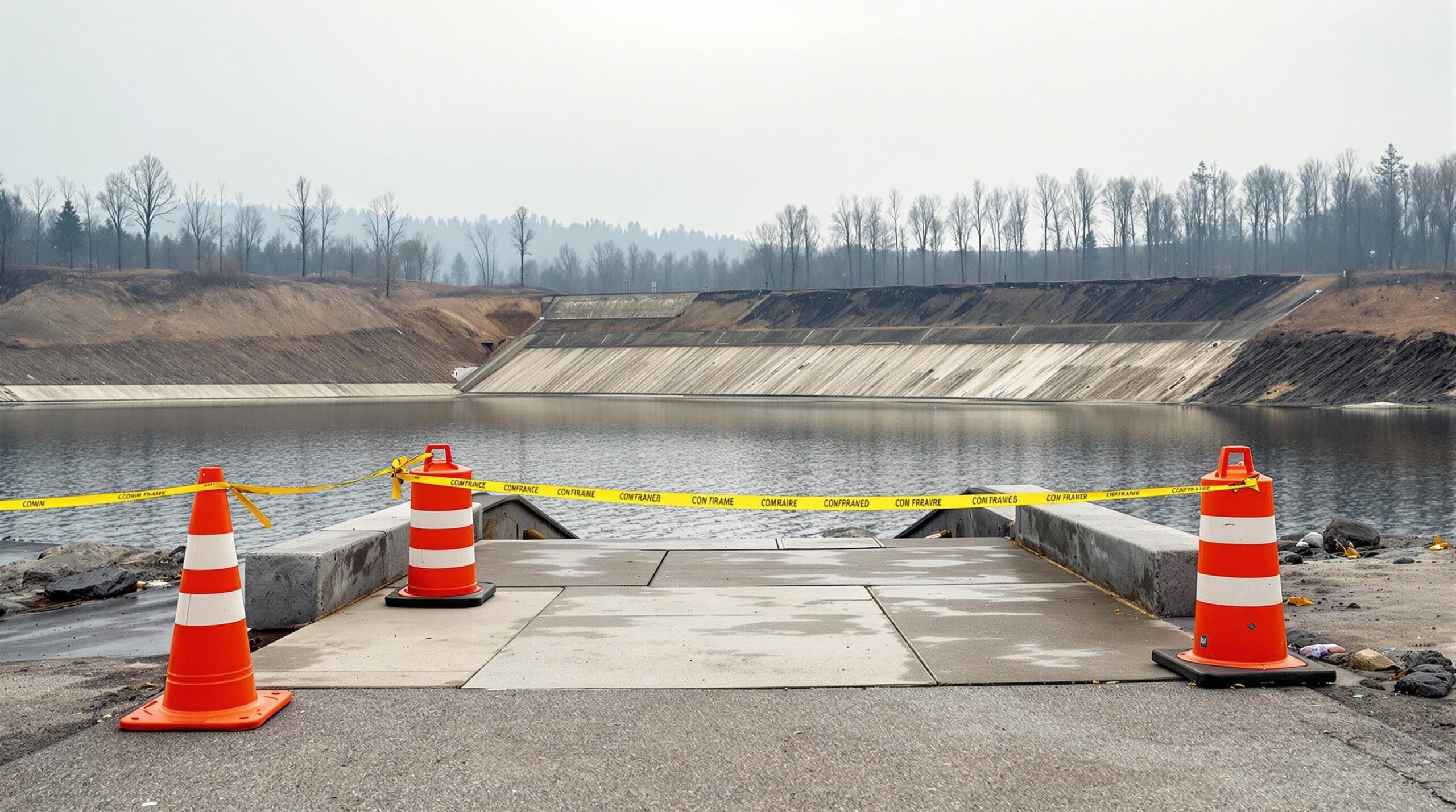 Orange traffic cones and yellow barrier tape block a boat ramp near a damaged dam with an erosion hole, scorched trees, and lingering smoke in the background by a lake.