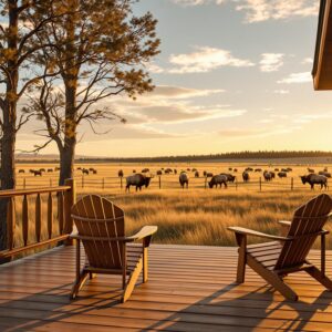 Wooden cabin deck overlooking bison and elk grazing on a prairie with trees and hills in the background