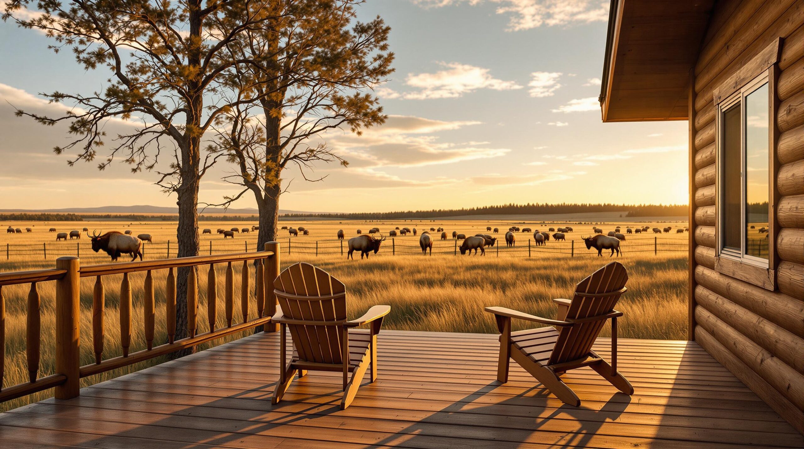 Wooden cabin deck overlooking bison and elk grazing on a prairie with trees and hills in the background
