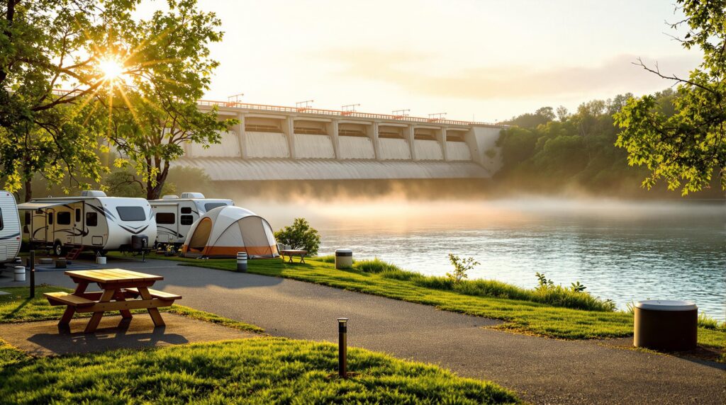 Riverside campground with RVs and tent near a large concrete dam at sunrise, showing fresh camp pads, picnic table, and calm water reflecting golden light.