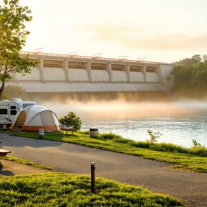 Riverside campground with RVs and tent near a large concrete dam at sunrise, showing fresh camp pads, picnic table, and calm water reflecting golden light.