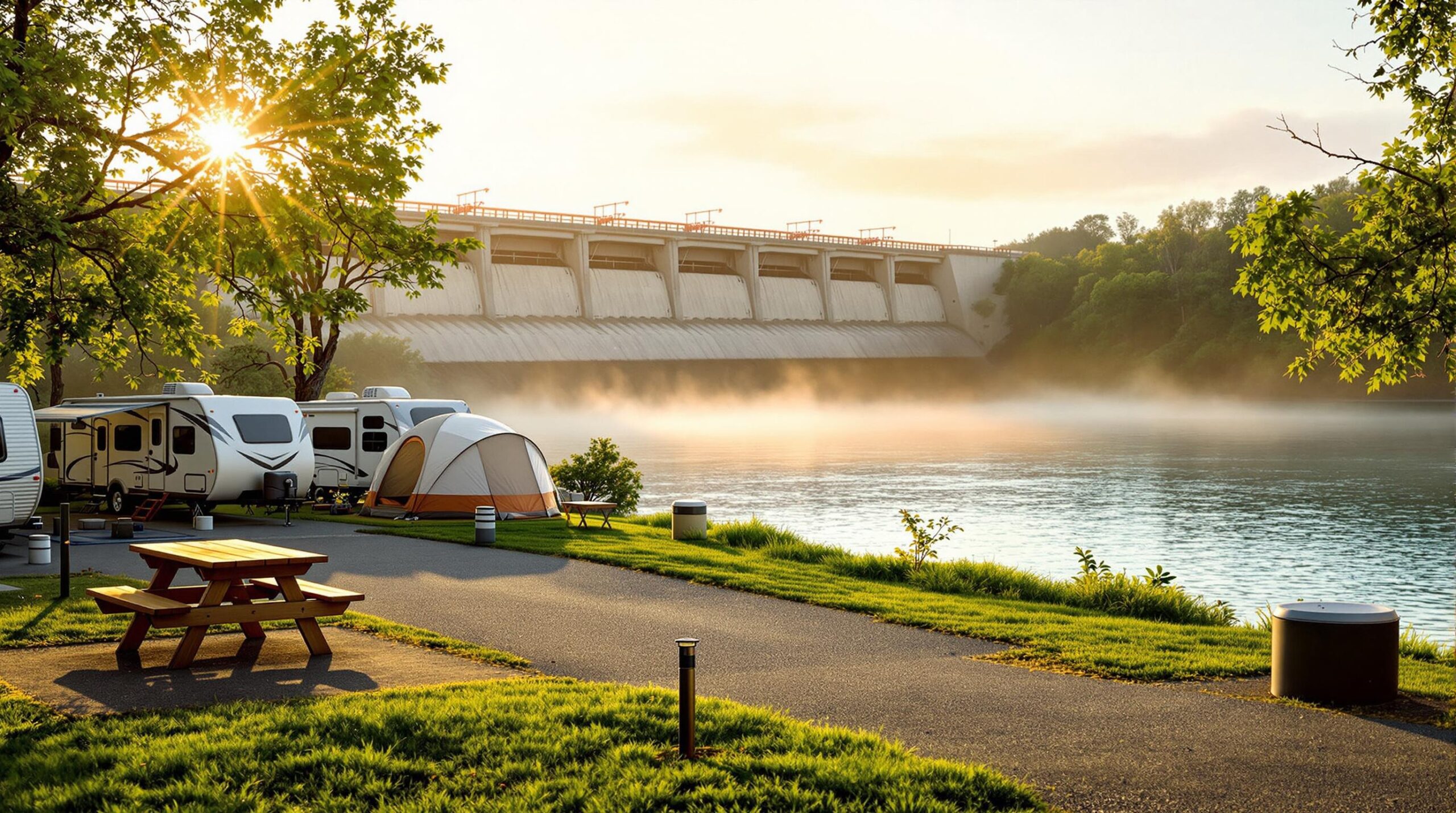 Riverside campground with RVs and tent near a large concrete dam at sunrise, showing fresh camp pads, picnic table, and calm water reflecting golden light.