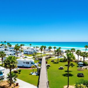 Aerial view of a large RV campground with white motorhomes on paved pads, surrounded by palm trees and picnic tables, near sand dunes and a blue shoreline under a clear sky.