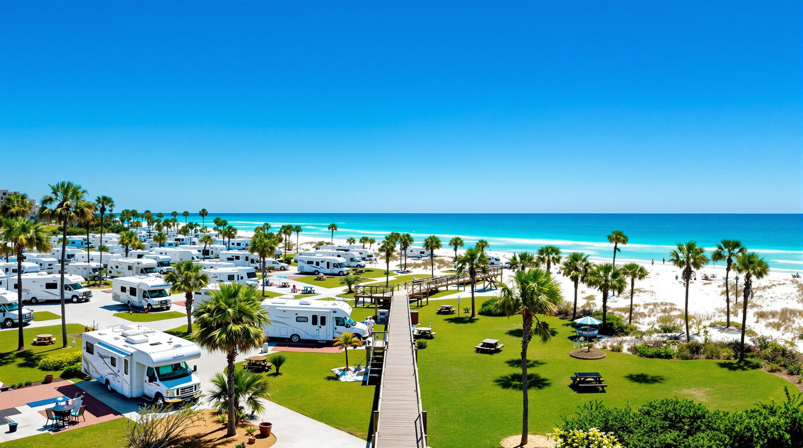 Aerial view of a large RV campground with white motorhomes on paved pads, surrounded by palm trees and picnic tables, near sand dunes and a blue shoreline under a clear sky.