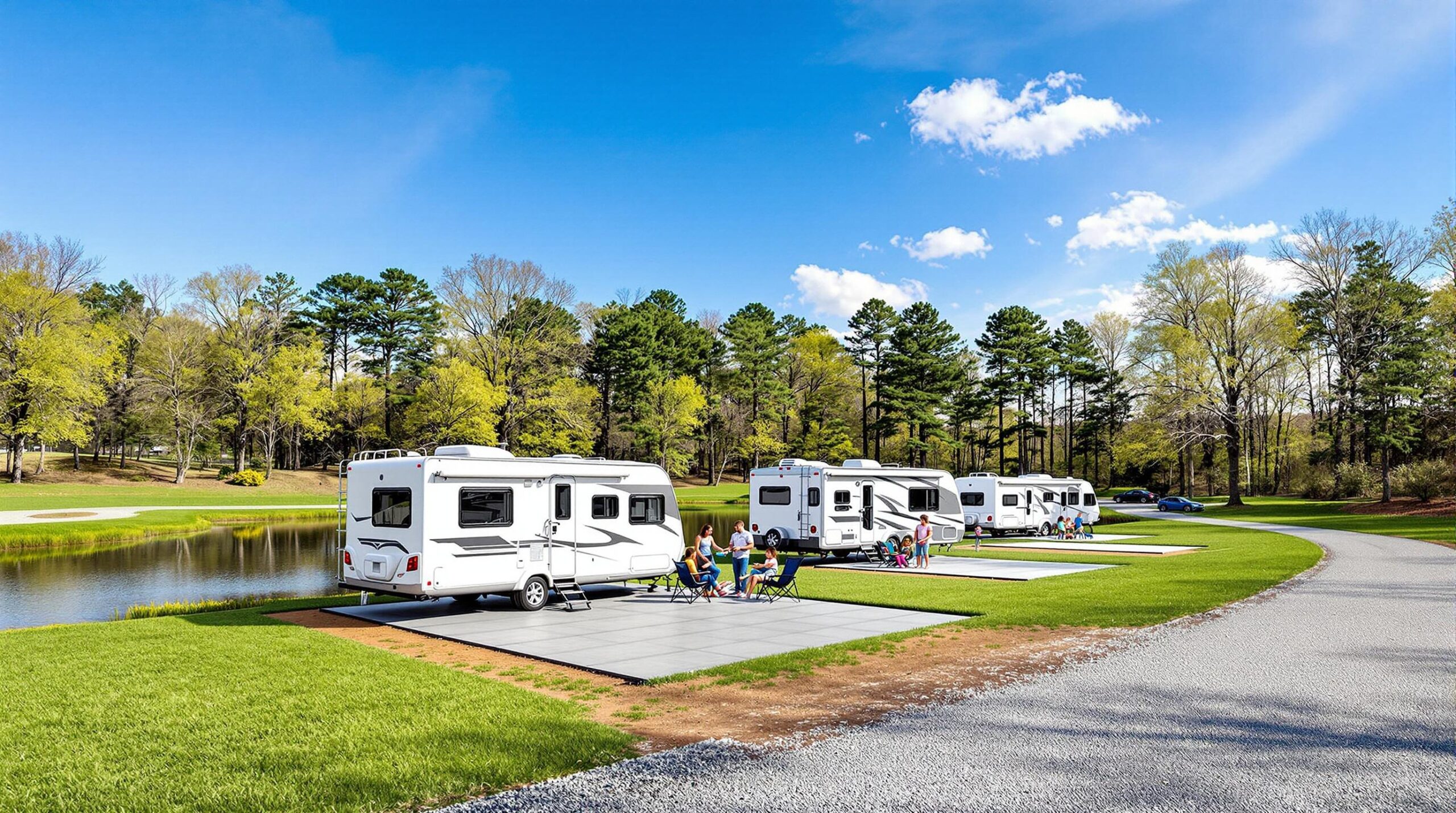 Modern RV campground with white travel trailers, families setting up, concrete pads, manicured grass, pond, and trees under a blue sky