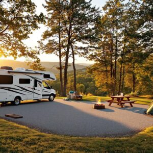 Sunrise over a peaceful RV campground with a motorhome, tent, and picnic table surrounded by trees and rolling hills