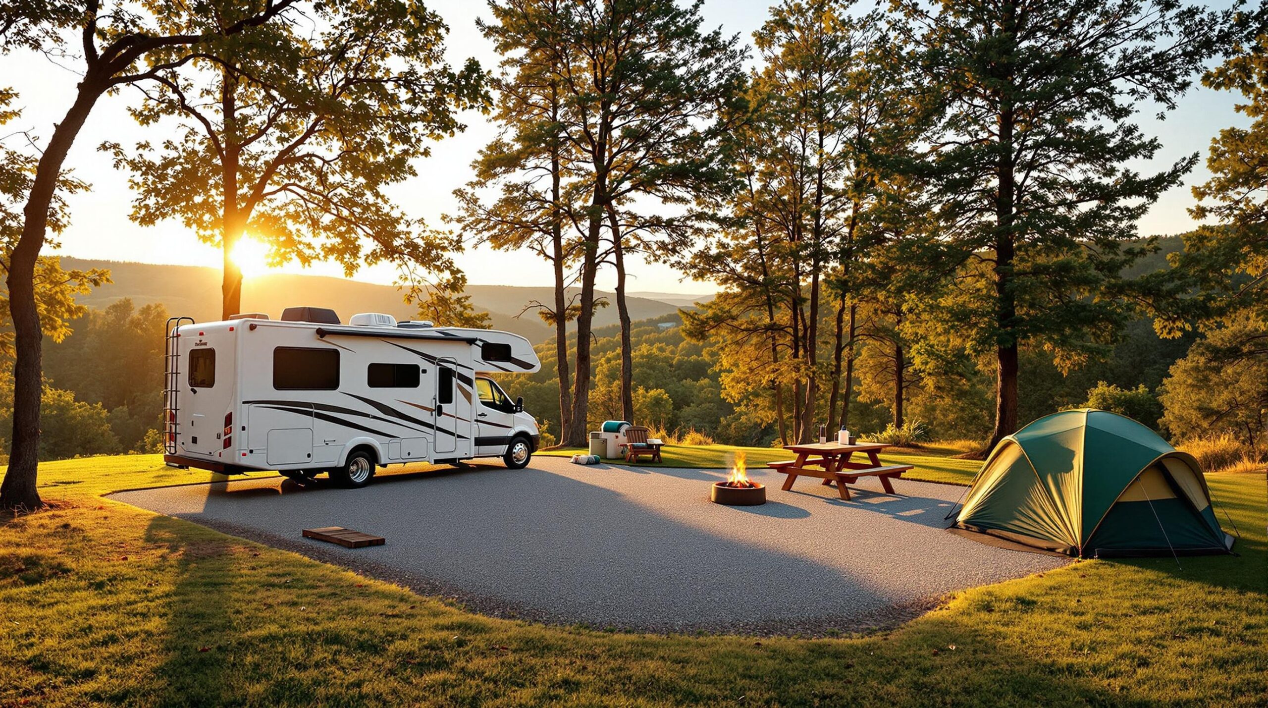 Sunrise over a peaceful RV campground with a motorhome, tent, and picnic table surrounded by trees and rolling hills