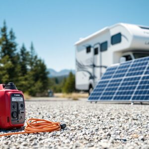 A modern white RV parked at a gravel campsite with a red portable generator and foldable solar panels in the foreground, surrounded by evergreen trees and distant mountains under a clear blue sky.
