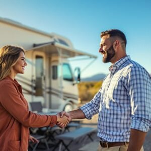 Two professionals shaking hands beside a white motorhome at a generic Southwestern campground with desert plants, picnic table, and distant mountains under a clear blue sky, captured in warm afternoon light.