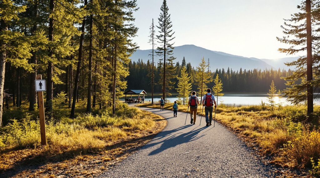 Three people walk along a new gravel trail beside a lake in a pine forest at sunset, with picnic shelters in the background.