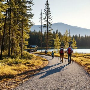 Three people walk along a new gravel trail beside a lake in a pine forest at sunset, with picnic shelters in the background.