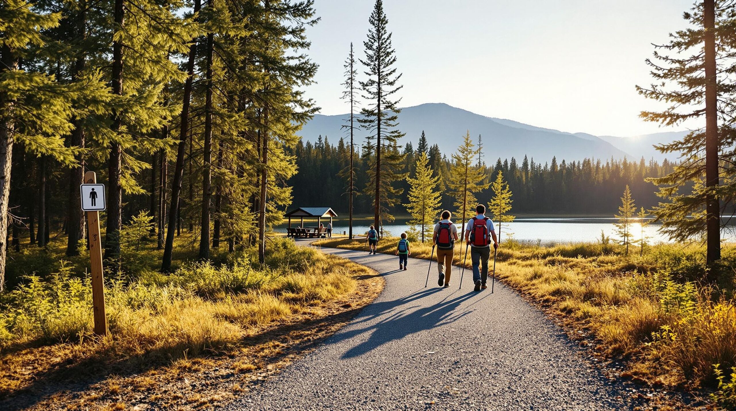 Three people walk along a new gravel trail beside a lake in a pine forest at sunset, with picnic shelters in the background.
