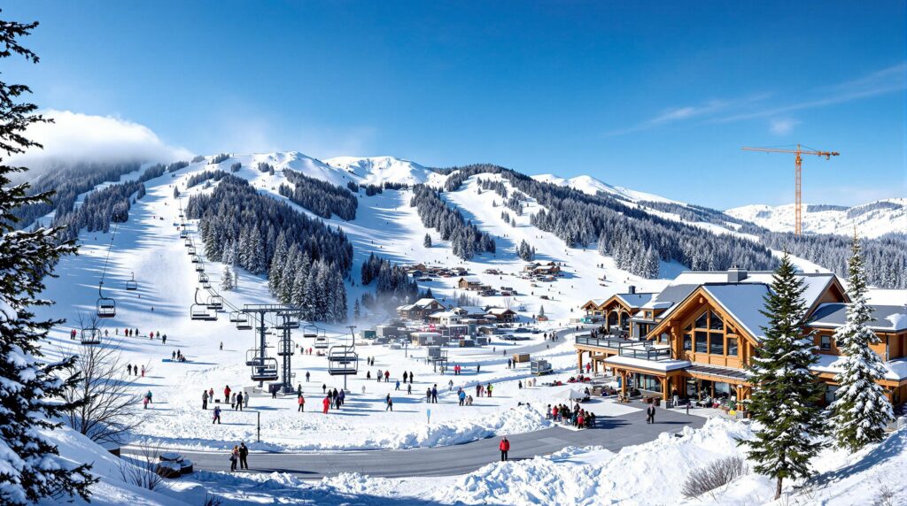 Ski resort base area with chairlift, snowy slopes, and skiers near a wooden lodge, snowmaking machines operating, and a construction crane in the background on a sunny day