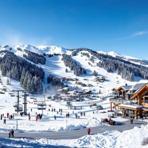 Ski resort base area with chairlift, snowy slopes, and skiers near a wooden lodge, snowmaking machines operating, and a construction crane in the background on a sunny day