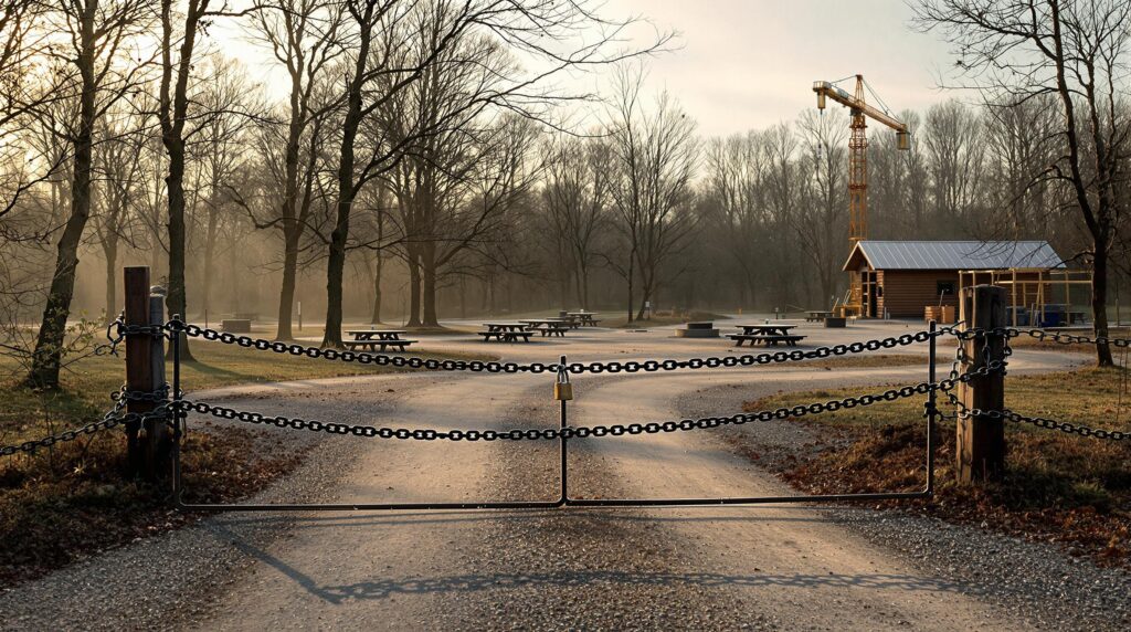 A locked gate blocks access to an empty rural campground at dawn, with misty light, vacant picnic tables, and a construction site with a crane and partially built structure in the background.